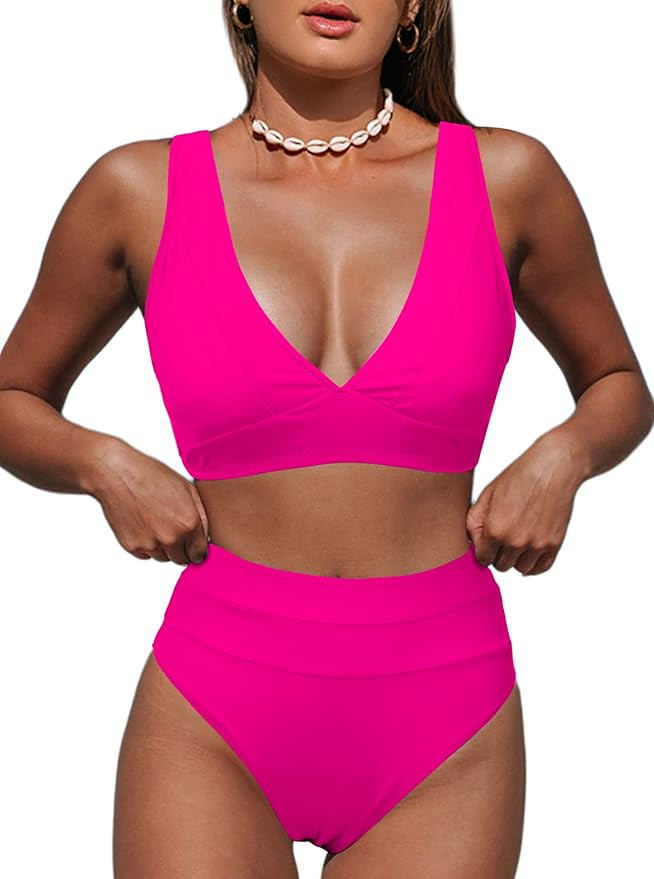 Hilinker Women's Leopard Bikini Swimsuits V Neck High Waisted 2 Piece Bathing Suits | Amazon (US)