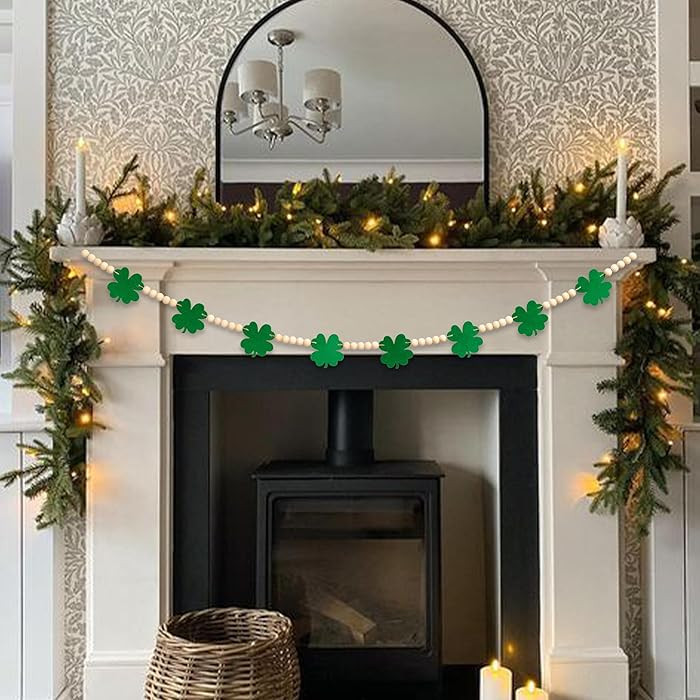 St. Patrick's Day Decorations-Green Felt Shamrocks Wood Beads Garland for St.Patrick's Day Decor,... | Amazon (US)
