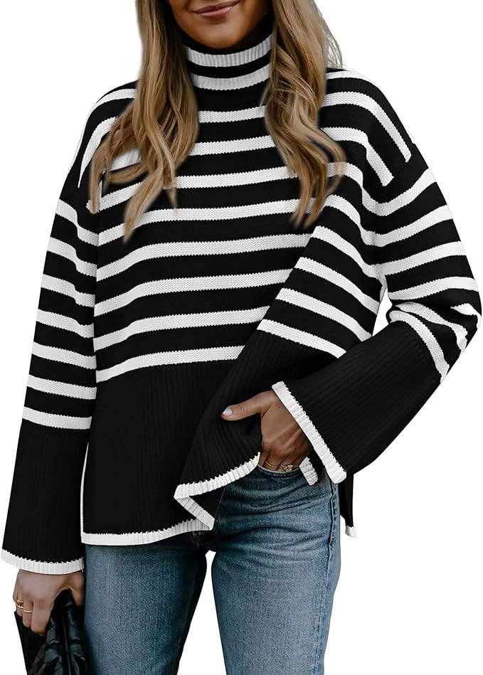 BTFBM Women Casual Turtleneck Striped Sweater 2024 Fall Winter Jumper Tops Long Sleeve Side Slit ... | Amazon (US)