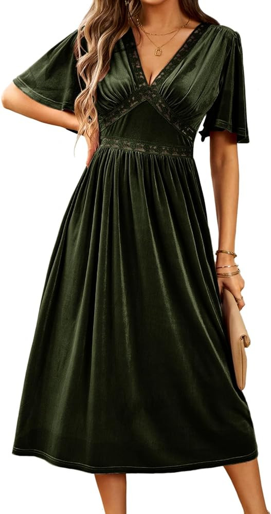 Zilcremo Women Deep V Neck Elegant Velvet Dress Bell Sleeve Lace Flowy Midi Party Dresses | Amazon (US)