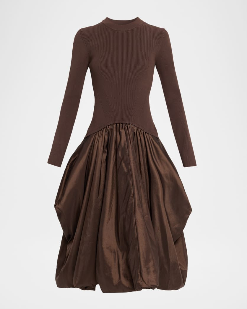 SIMKHAI Kenlie Mixed Media Bubble Midi Dress | Neiman Marcus