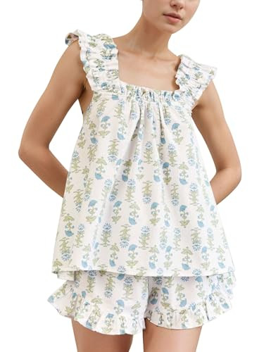 Flygo Floral Pajama Sets for Women 2 Piece Lounge Set Ruffle Cami Top and Shorts Pj Set Sleepwear | Amazon (US)