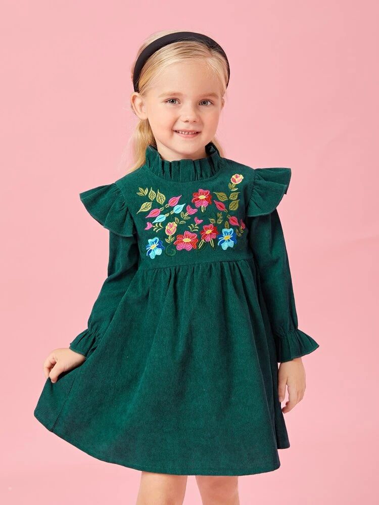 Toddler Girls Floral Embroidery Ruffle Trim Flounce Sleeve Corduroy Dress | SHEIN