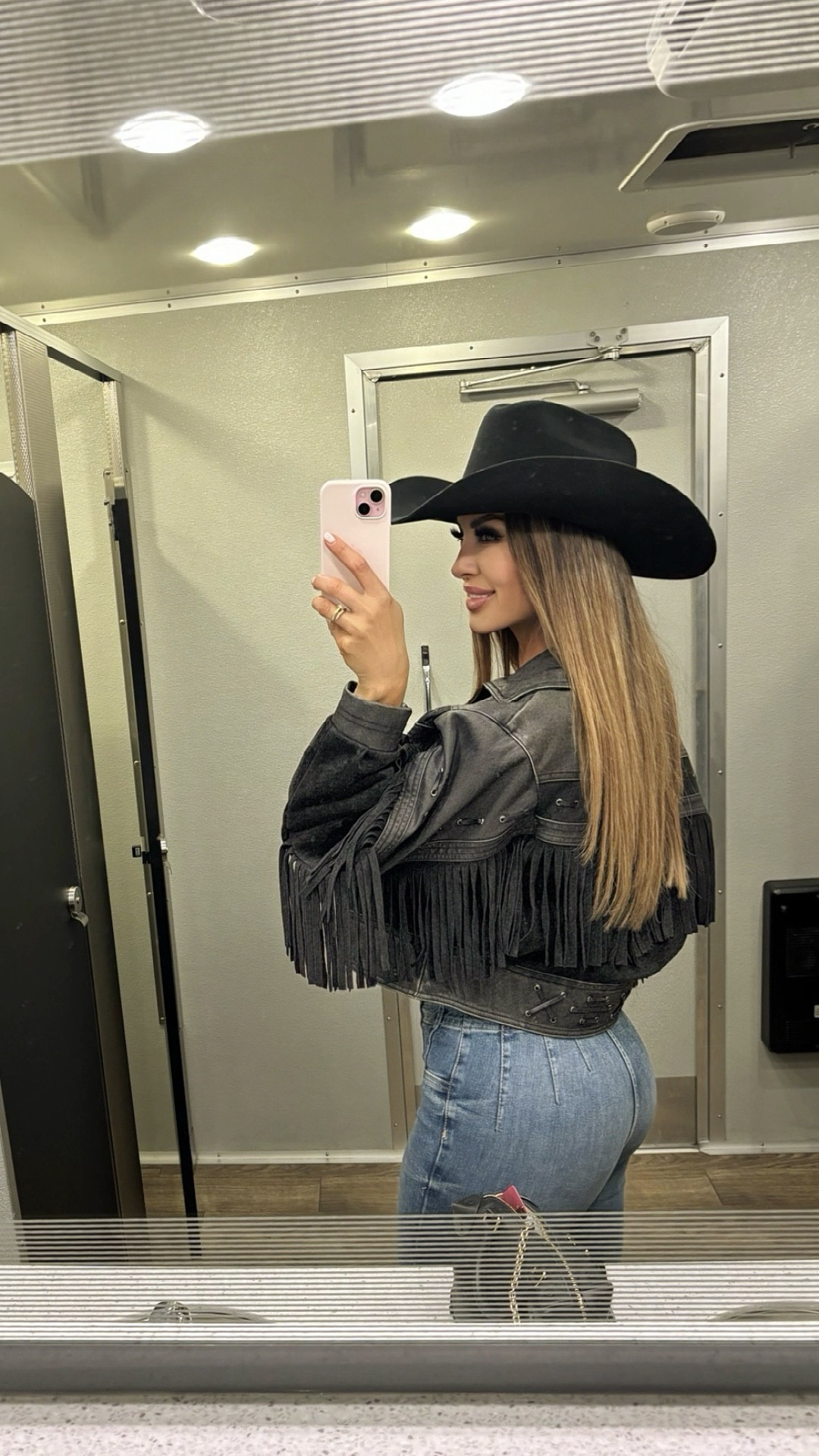 The most amazing and flattering Free People flair jeans! Elastic waist, no need to take in! 34” inseam, perfect for cowboy boots! Made my booty pop! Paired it with the softest leather coat from Urban Outfitters! Take me to the rodeo! 

#LTKVideo #LTKFestival #LTKSeasonal
