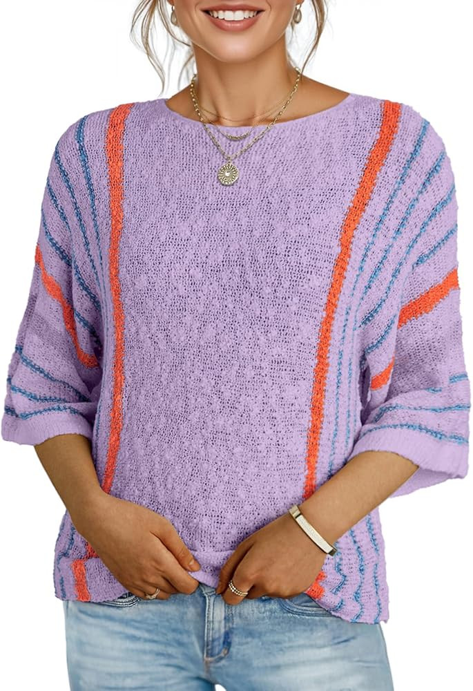 Dokotoo Womens 2026 Spring Summer Casual Crewneck 3/4 Sleeve Striped Lightweight Knit Trendy Boho... | Amazon (US)