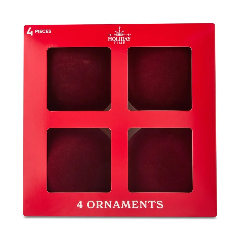 4 Count Dark Red Velvet-Feel Ball Christmas Ornaments, 4.5", by Holiday Time | Walmart (US)
