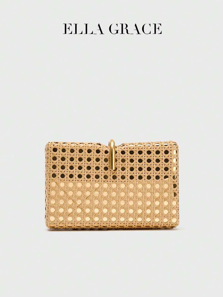 ELLA GRACE- Straw Woven Clutch Bag For Women, Hollow Weave Box Evening Handbag, Vacation Beach Party Crossbody Chain Purse, Lightweight Daily Bag Bags For Woman Gifts For Women | SHEIN