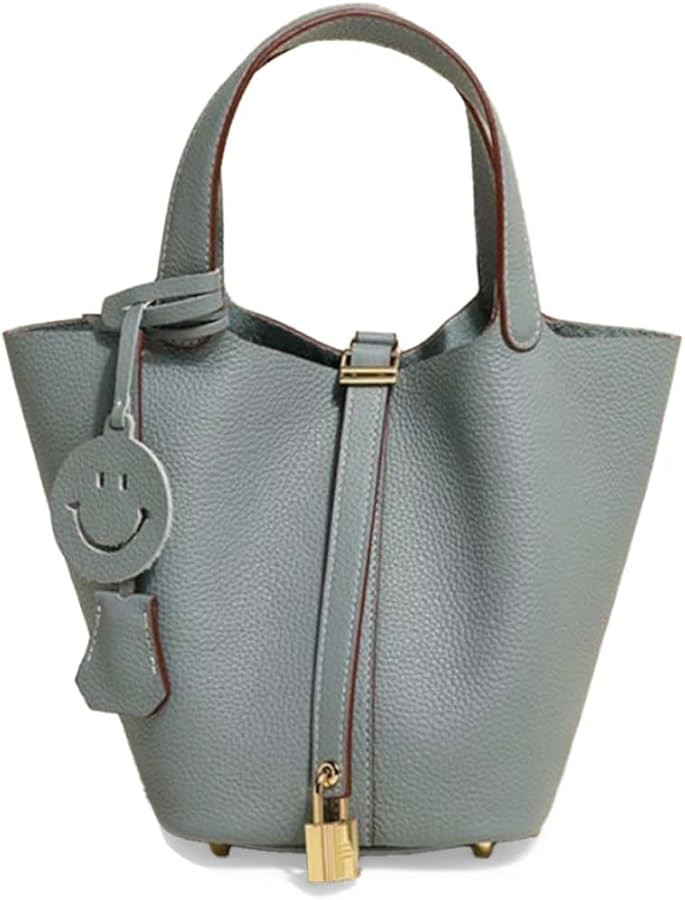 Genuine Leather Handbags for Women Bucket Bags Fashionable Lock Buckle Design The Leather Tote Ba... | Amazon (US)