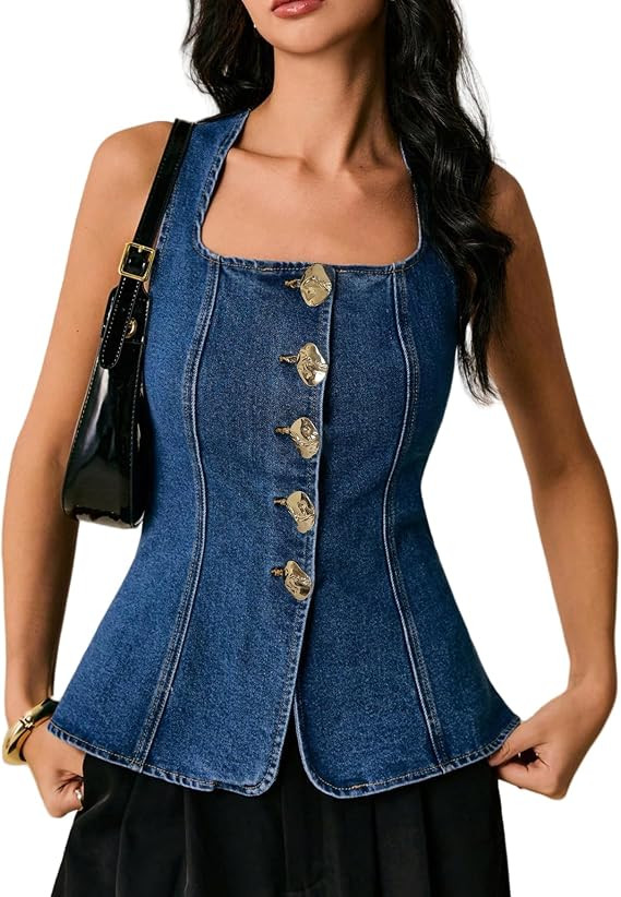 EZAPINE Women's Metal Button Front Denim Tank Top Sleeveless Square Neck Slim Fit Jean Vest | Amazon (US)