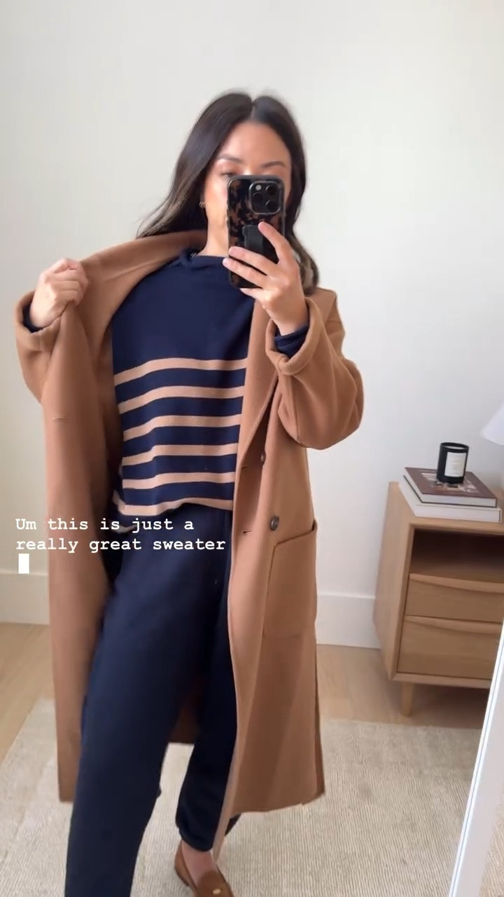 Frank & Eileen Monterey Navy with camel stripe cotton sweater. This sweater is very nice. Washed to swell. I Sized up, but you don't need to even for a roomy fit. Comes in a ton of colors. 

Anine Bing Coat xxs
Frank & Eileen sweater small
Jenni Kayne sweatpants xs (old)
Veronica Beard loafers 5.5. Go tts, they stretch out
Celine Sunglasses

Fall outfits, petite style, fall fashion, coat

#LTKStyleTip #LTKShoeCrush #LTKSeasonal