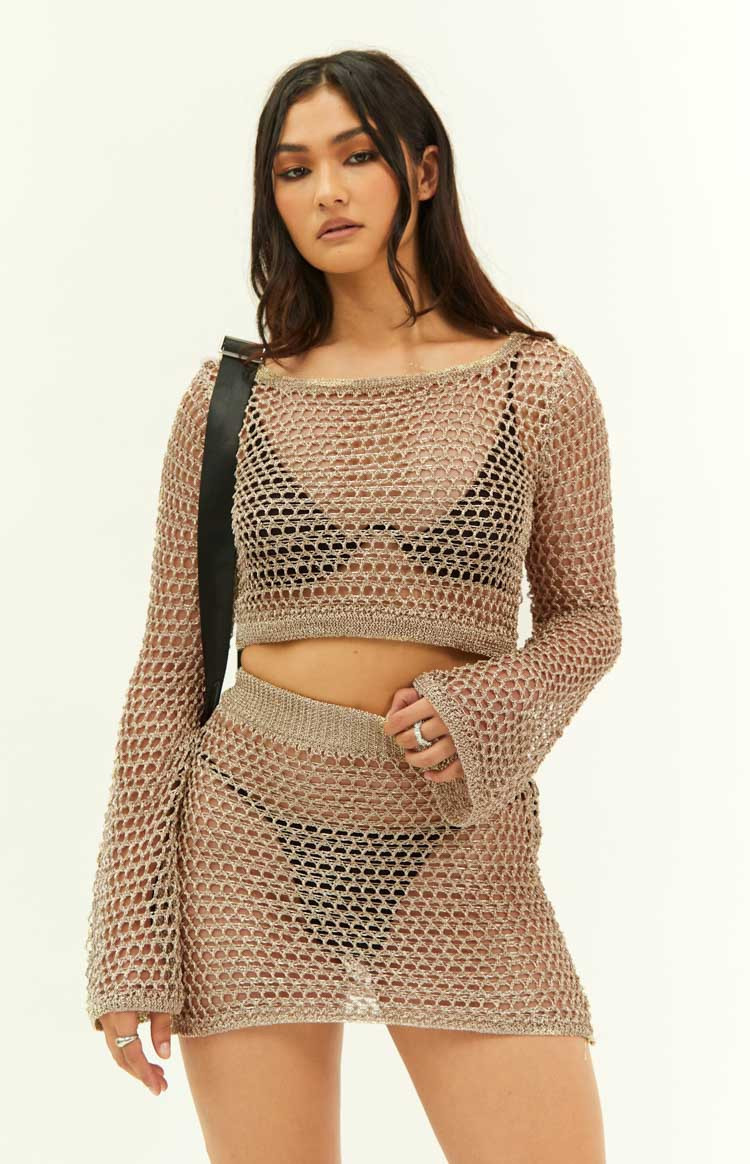 Wild Thoughts Gold Metallic Fishnet Mini Skirt | Beginning Boutique (US)