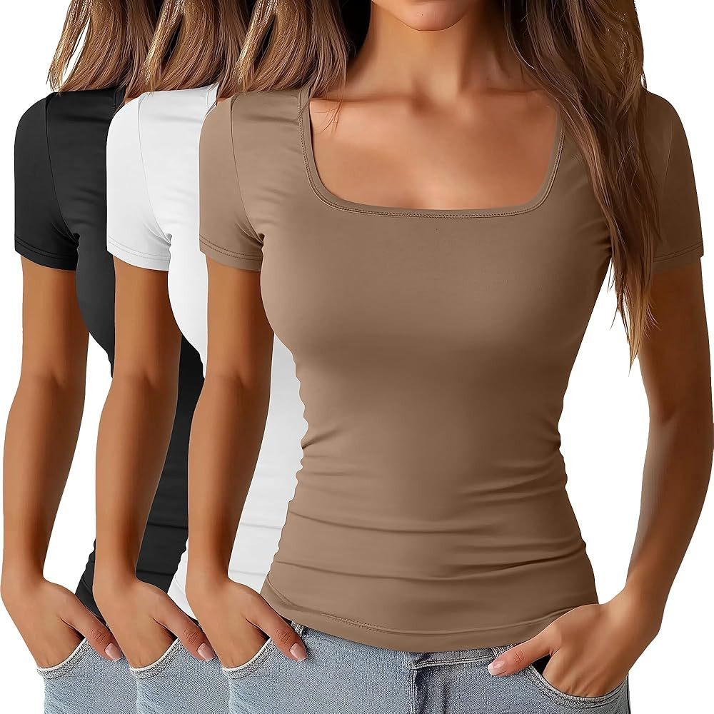 Ficerd 3 Pack Women's Cotton Square Neck Shirts, Short Sleeve Slim Fit Tops Summer Scoop Neck Cas... | Amazon (US)
