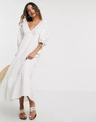 ASOS DESIGN broderie tiered maxi dress in cream | ASOS (Global)