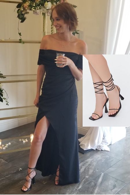 Upscale affair black OTS dress with slit on sale for $50 and perfect for a wedding guest or bridesmaid. Faux leather lace up heels are on sale for $10 with code BMSM30 

#LTKsalealert #LTKwedding #LTKSeasonal