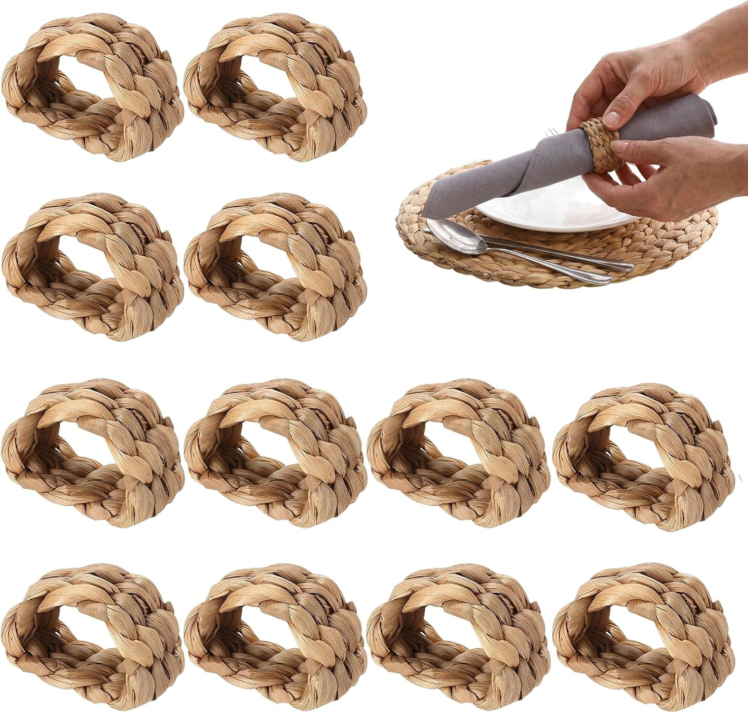 12 Pcs Woven Napkin Rings, Semi Circle Water Hyacinth Napkin Holders, Handmade Rustic Boho Farmhouse Napkin Rings for Wedding Banquet Spring Table Decor | Amazon (US)