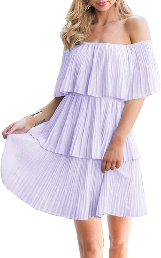 Soesdemo Women's Casual Off The Shoulder Sleeveless Tiered Ruffle Pleated Short Party Beach Dress | Amazon (US)