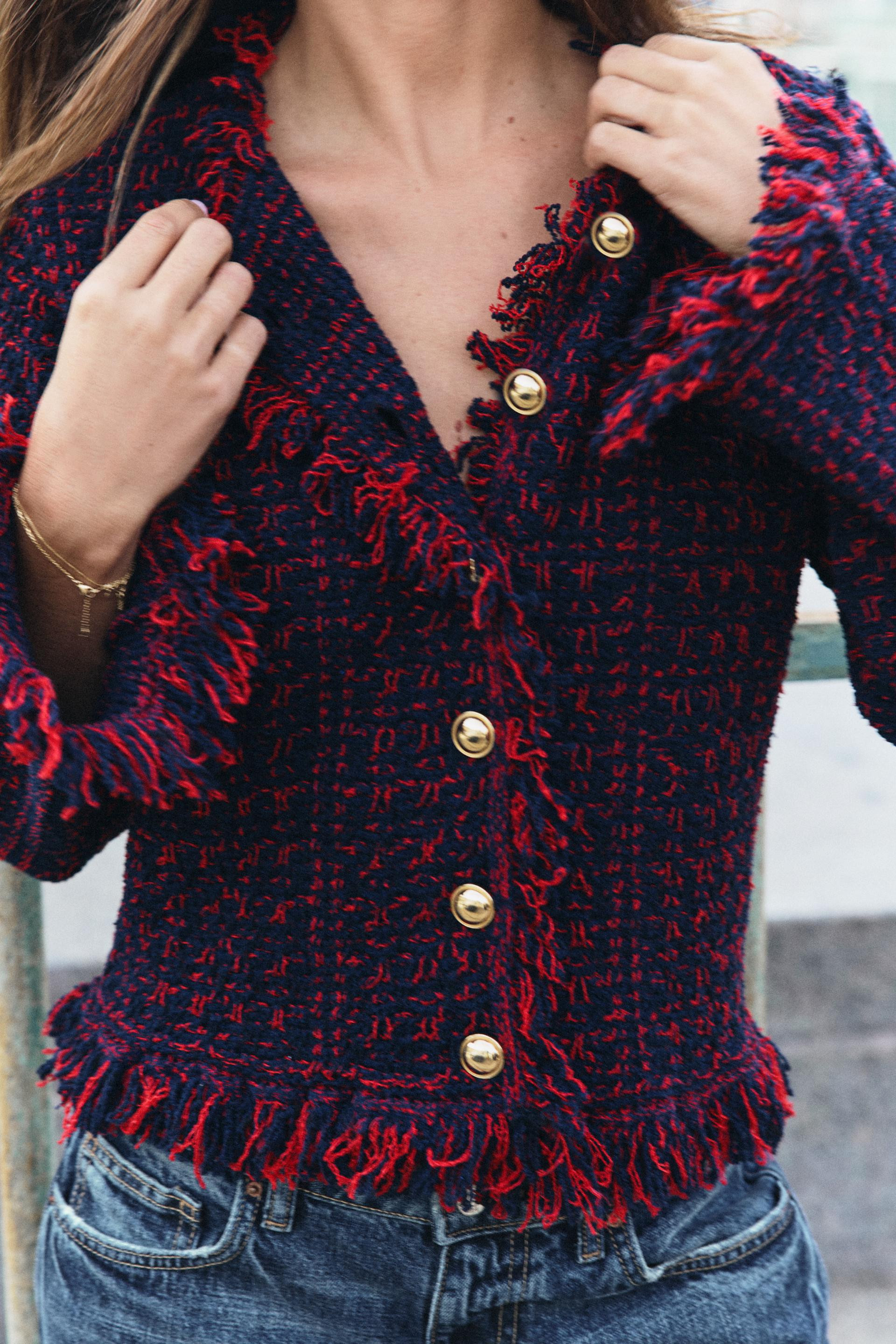 Zara - Structured Frayed Cardingan - Red / Navy - L - Woman | Zara US