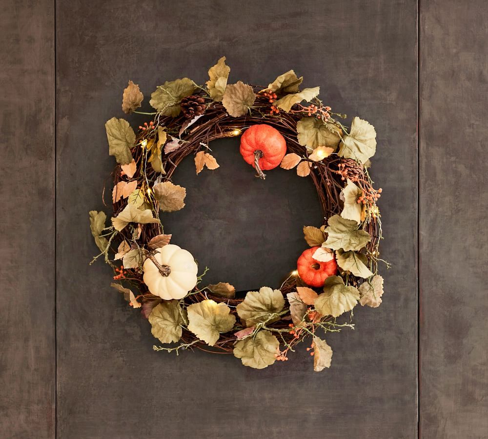 Pre-Lit Faux Natural Pumpkin Wreath & Garland | Pottery Barn (US)