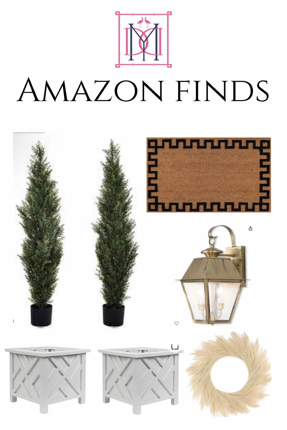 Front porch zhush! Faux evergreen plants outdoor, welcome mat, brass outdoor lighting, seasonal wreath. Chippendale planters 