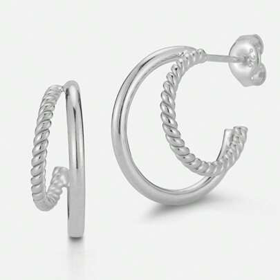 14K Gold Plated 925 Sterling Silver Double Ring Hoop Earrings For Women And Girls | SHEIN