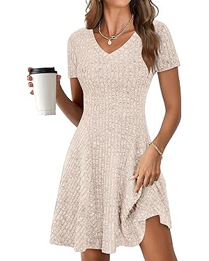 ANRABESS Womens Summer Dresses Casual Short Sleeve Ribbed Knit V Neck Swing A-Line 2026 Spring Va... | Amazon (US)