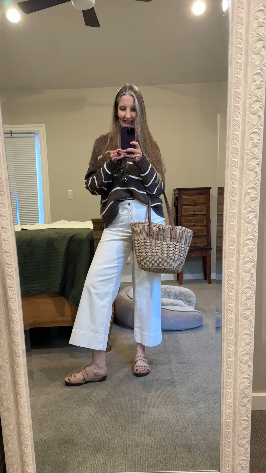 A cute outfit I forgot to post that day. 🤪 Flattering white jeans, size down one size. Cotton sweater, true to size.  #whitejeans #cottonsweater #springsweater #stripes #sustainable #midsizestyle #styleover50 #coffeedate

#LTKdayinmylife #LTKOver40 #LTKMidsize