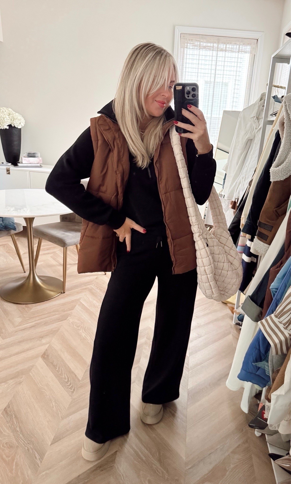 Sports mom🤎🍂! Cozy OOTD! Use code: LILLIEXSPANX on my set! Vest and bag are from Amazon. I’m in small,reg 

Travel style. Travel outfit. Matching set. Travel set. Sports mom. 

#LTKSeasonal #LTKActive #LTKStyleTip