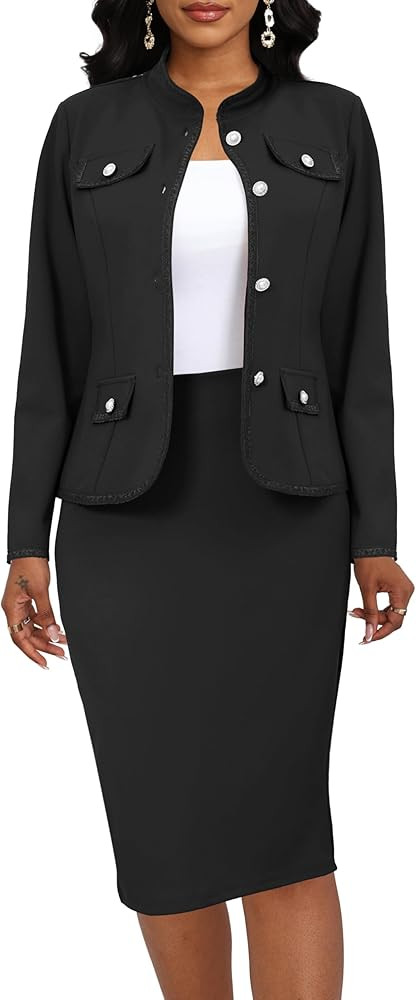 Women 2 Piece Business Suit Elegant Blazer Jacket and Skirt Sets Work Formal Office Clothes Suits | Amazon (US)