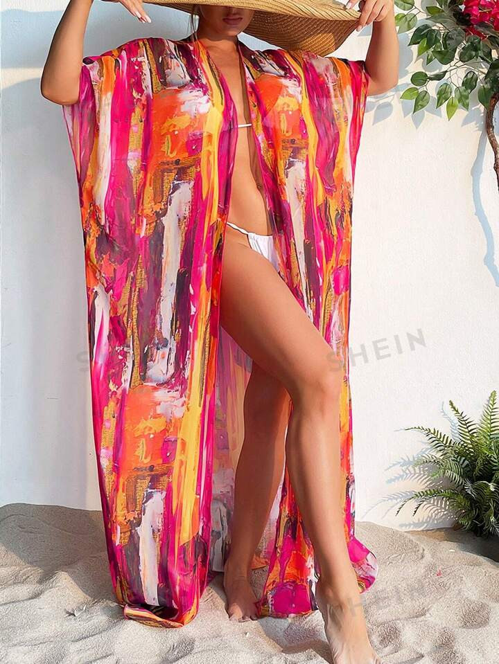 SHEIN Swim Summer Beach Brush Print Batwing Sleeve Open Front Kimono | SHEIN
