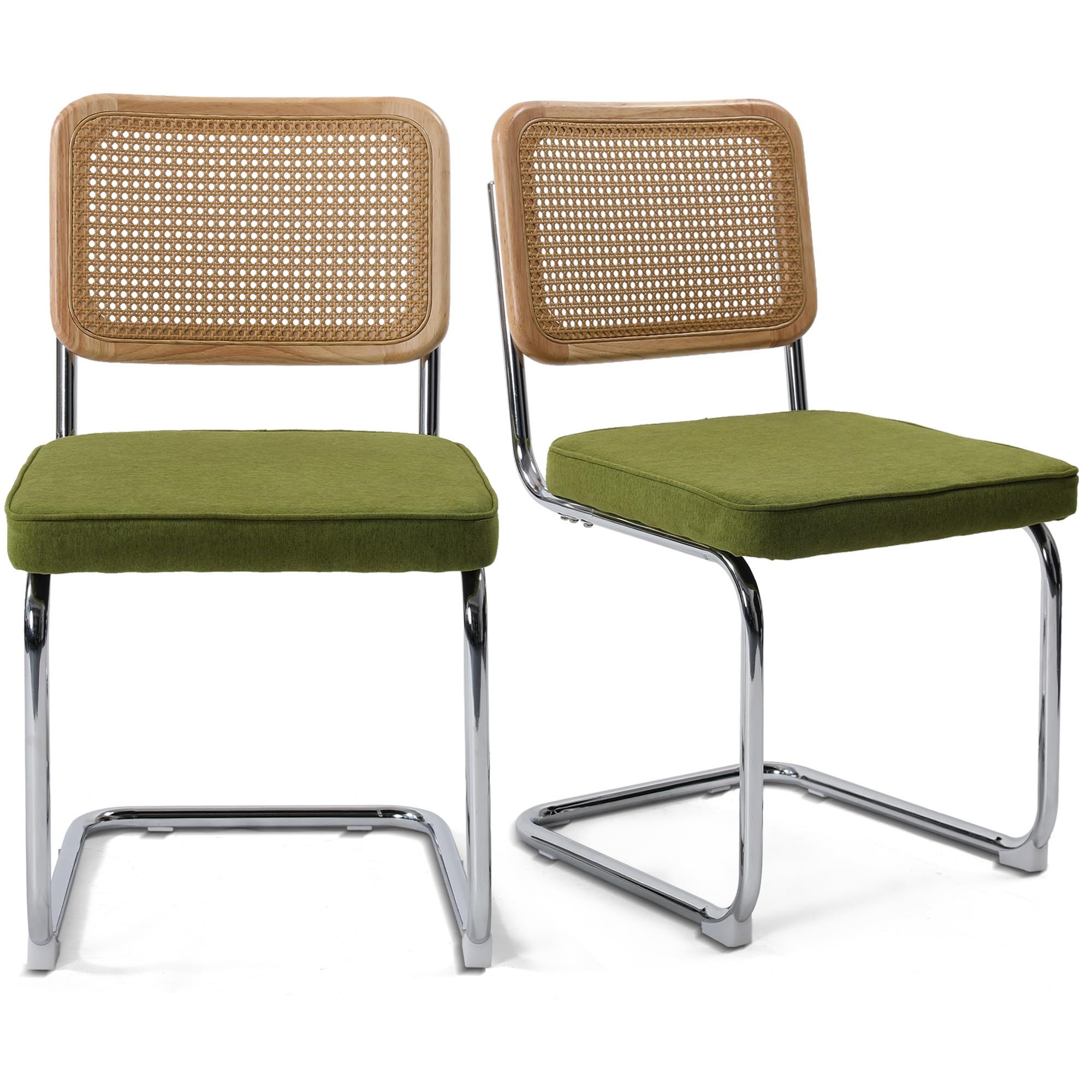 31.5" Modern Cesca Cane Dining Chairs, Set of 2, Handwoven Rattan Cane Back, Chrome Base, Upholstered Cotton Seat, Ideal for Kitchen or Dining Room, Green | Amazon (US)