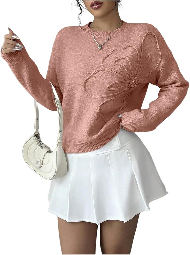 Women's 3D Floral Appliques Crewneck Sweaters Long Sleeve Drop Shoulder Pullovers Elegant Knit To... | Amazon (US)