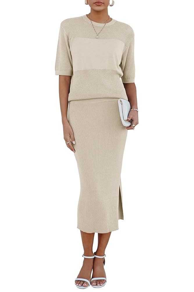 Arach&Cloz Women's Soft 2 Piece Sets Summer Crochet Top and Midi Slit Skirt Outfits 2025 | Amazon (US)