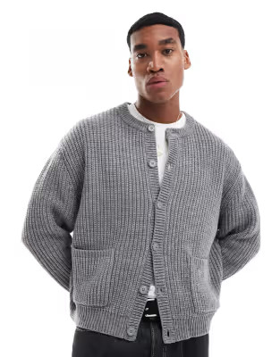 ASOS DESIGN oversized boxy fit heavyweight knitted wool mix crew neck cardigan in light grey marl | ASOS (Global)