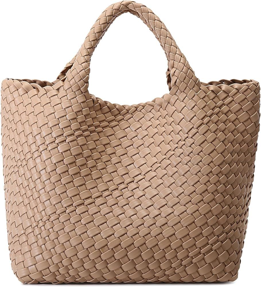 Woven Bag for Women, Vegan Leather Tote Bag Large Summer Beach Travel Handbag and Purse Retro Han... | Amazon (US)