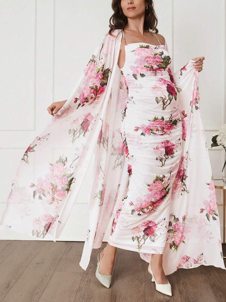 SHEIN 2pcs Maternity Wedding Guest Dress Set, Rose Flower Wrap Dress & Fitted White Dress, For Pr... | SHEIN