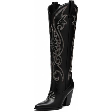 VOMIRA Knee High Cowboy Boots for Women Pointed Toe Chunky High Heels Pull-on Embroidered Boots W... | Amazon (US)