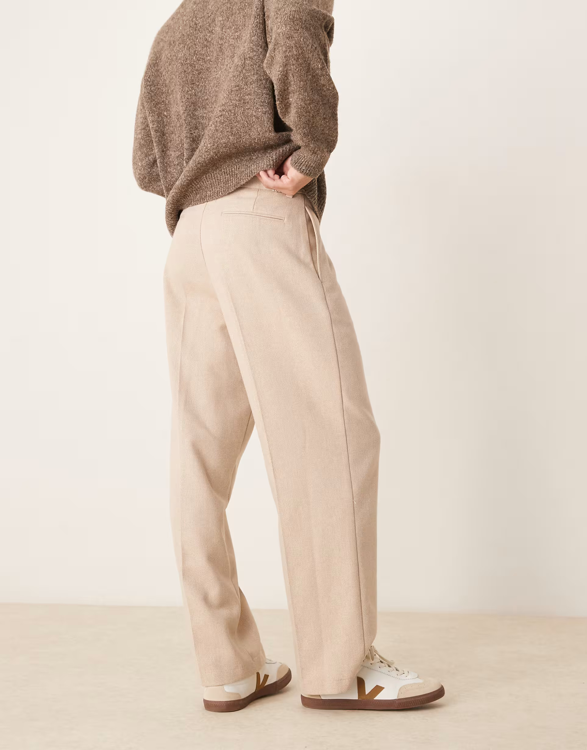 ASOS DESIGN smart wool mix wide leg trousers with front pleats in stone herringbone | ASOS (Global)