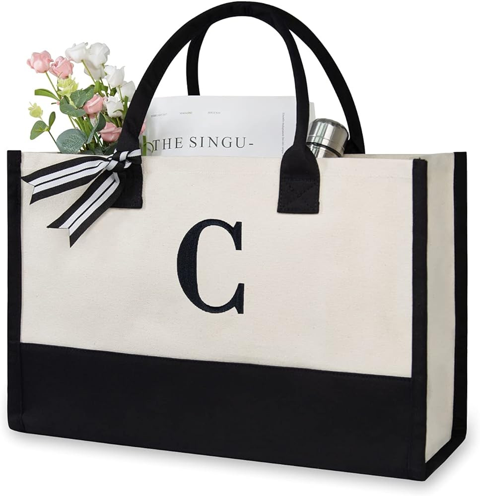 Personalized Initial Canvas Beach Bag, Monogrammed Gift Tote Bag for Women | Amazon (US)