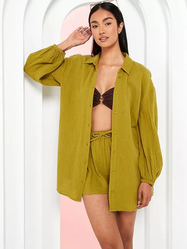 V by Very Cheesecloth Shirt Co-ord - Green | Very (UK)