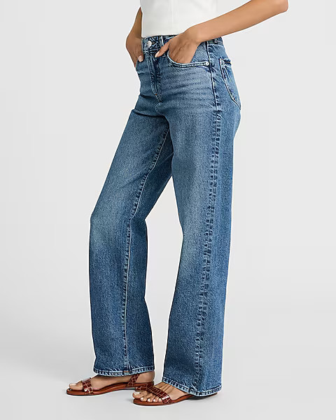 High Waisted Medium Wash Relaxed Straight Jeans | Express