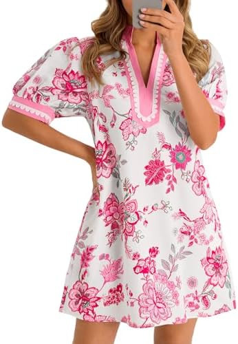 Wenrine Womens Summer Mini Dress Casual Floral Puff Sleeve V Neck Color Block Loose Boho Beach Dr... | Amazon (US)