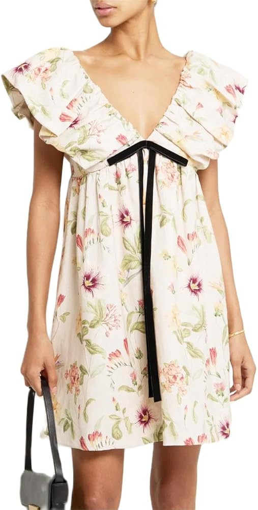 Women Y2k Floral Print Mini Dress Boho V Neck Puff Sleeve Short Dress Bow Tie Flowy Dress Beach S... | Amazon (US)