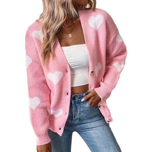 Women Long Sleeve Heart Love Cardigan Sweater Button Open Front Casual Knit Sweaters Valentines Day Outerwear (Pink, S) | Amazon (US)