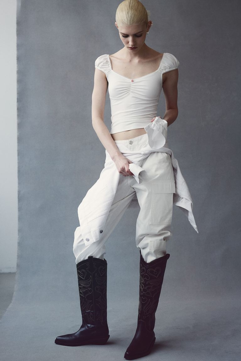 Picot-trimmed Puff-sleeved Top - Sweetheart Neckline - Short sleeve - White - Ladies | H&M US | H&M (US + CA)
