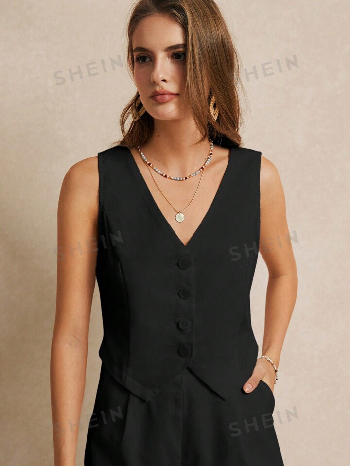 SHEIN Frenchy Summer Vacation Wedding Season, Casual Boho Chic Solid Color Minimalist Draped V-Ne... | SHEIN