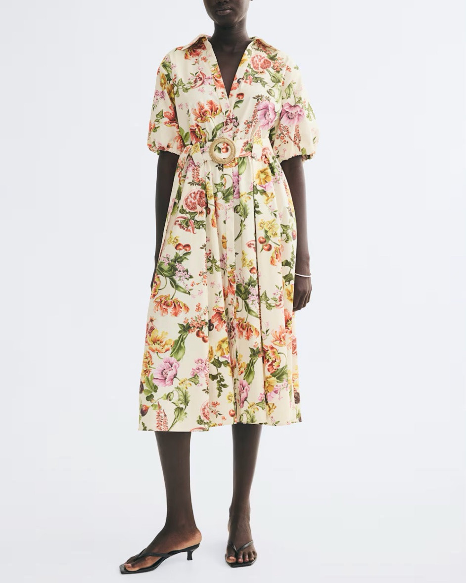 Floral puff sleeve midi dress with raffia buckle belt

#LTKSeasonal