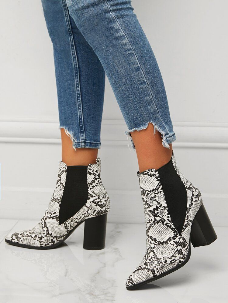 Snakeskin Embossed Chunky Heeled Chelsea Boots | SHEIN