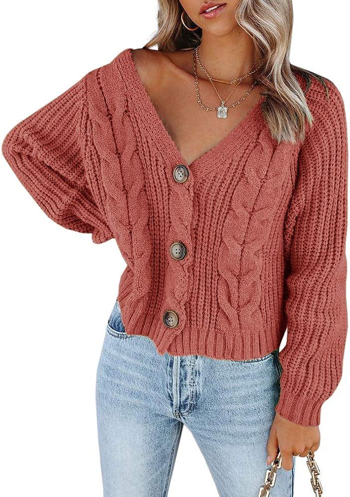 CCBSTS Womens Cable Knit Button Down Cardigan Sweaters V Neck Long Sleeve Loose Solid Sweater Out... | Amazon (US)