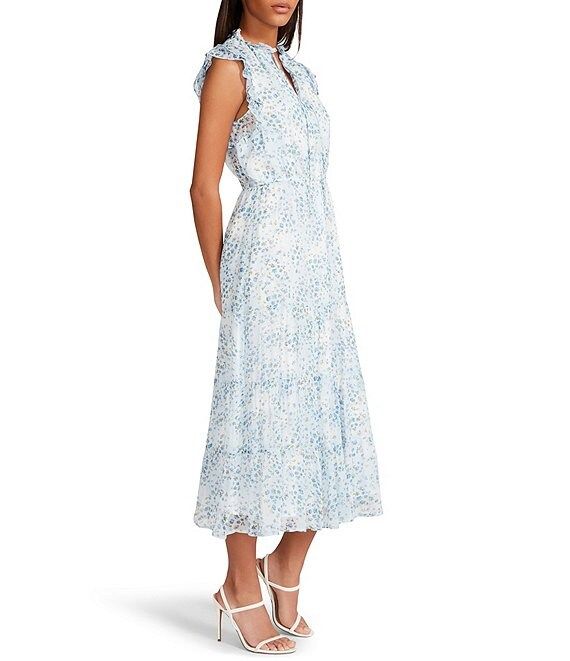 Bad & Bluesy Floral Print Tie Split Round Neck Ruffle Cap Sleeve Midi Dress | Dillard's