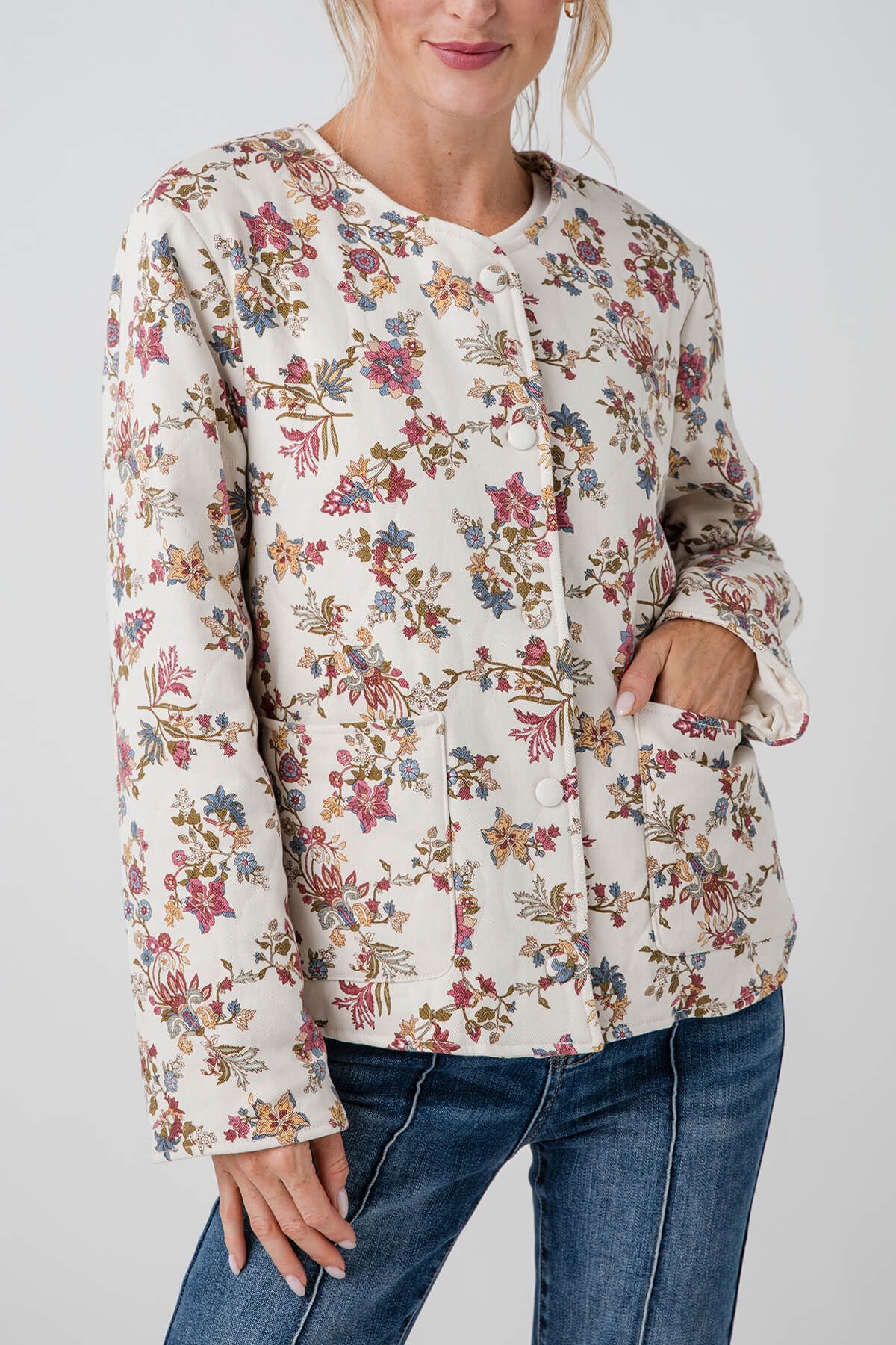 Skies Are Blue Floral Print Quilted Jacket | Social Threads